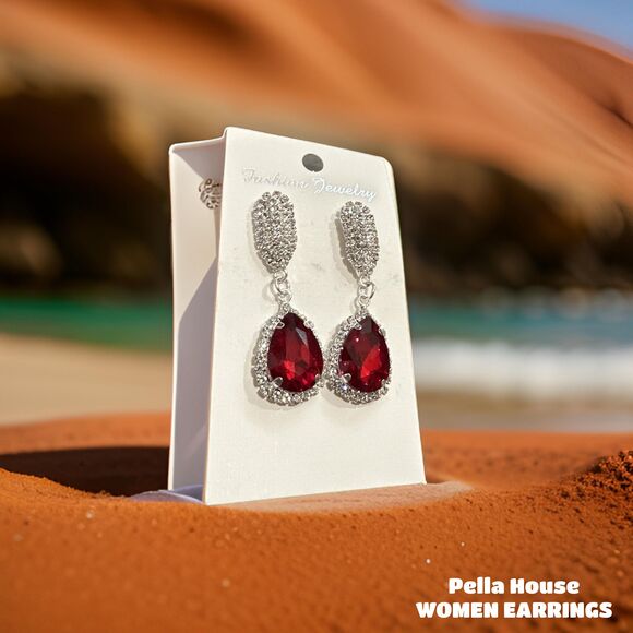 Jewelry - Silver Tone Gatsby Flapper Peacock Zircon Rhinestone Pear Earrings Red